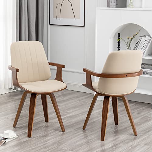 WUPOTO Dining Chairs Set of 2, Mid Century Modern Dining Room Chairs, Upholstered Faux Leather Kitchen Chairs with Wooden Arms and Legs, 360 Degree Swivel (Beige)