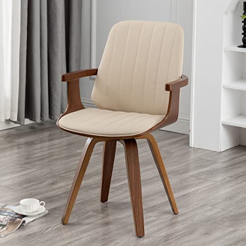 WUPOTO Dining Chairs Set of 2, Mid Century Modern Dining Room Chairs, Upholstered Faux Leather Kitchen Chairs with Wooden Arms and Legs, 360 Degree Swivel (Beige)