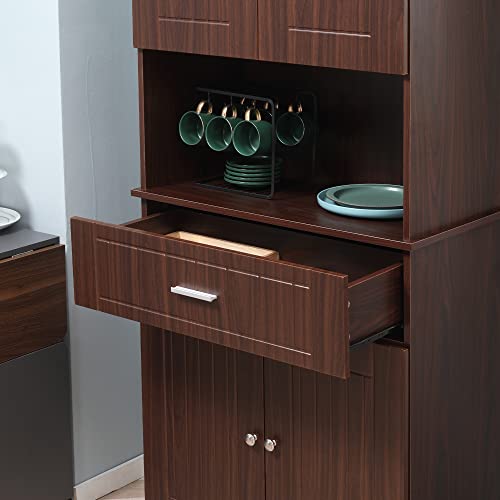 HOMCOM 72" Kitchen Buffet with Hutch, Freestanding Pantry Cabinet with Utility Drawer, 2 Door Cabinets, Adjustable Shelves and Countertop, Brown