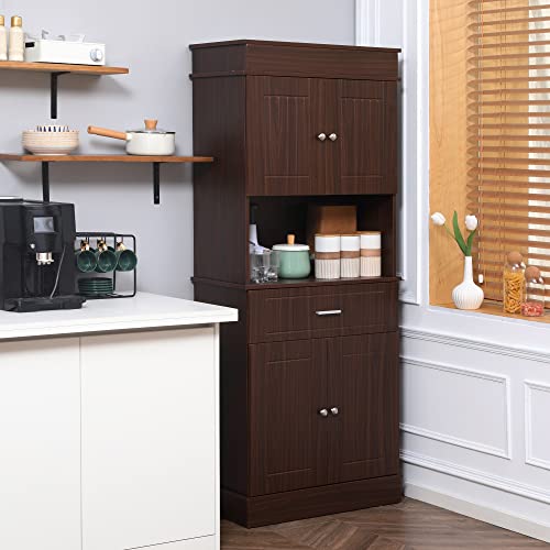 HOMCOM 72" Kitchen Buffet with Hutch, Freestanding Pantry Cabinet with Utility Drawer, 2 Door Cabinets, Adjustable Shelves and Countertop, Brown