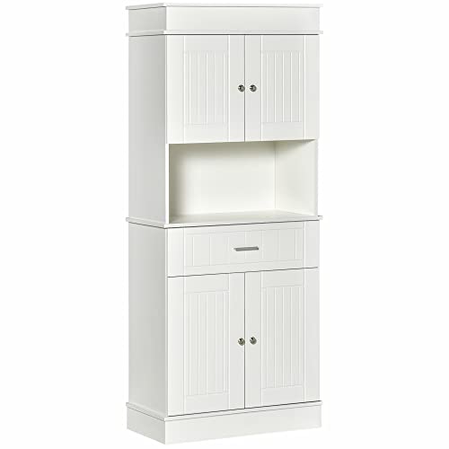 HOMCOM 72" Kitchen Buffet with Hutch, Freestanding Pantry Cabinet with Utility Drawer, 2 Door Cabinets, Adjustable Shelves and Countertop, White Wood Grain