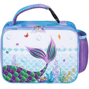 wawsam glitter mermaid lunch box - 3d insulated girls lunch box for kids lunch bag back to school picnic preschool kindergarten blue lunchbox waterproof reusable thermal lunch tote box