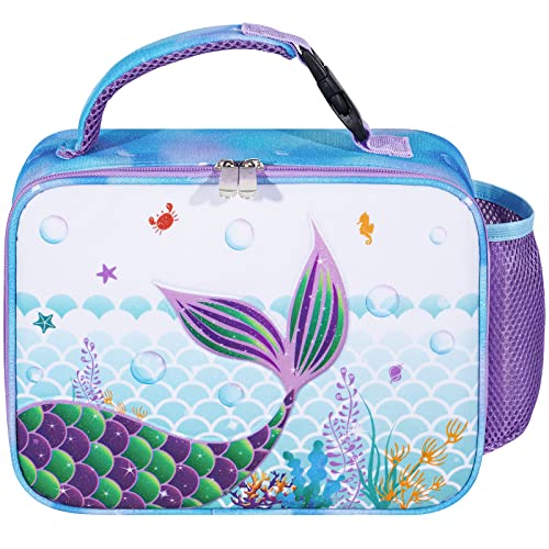 WAWSAM Glitter Mermaid Lunch Box - 3D Insulated Girls Lunch Box for Kids Lunch Bag Back to School Picnic Preschool Kindergarten Blue Lunchbox Waterproof Reusable Thermal Lunch Tote Box