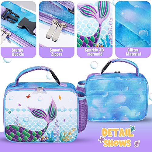 WAWSAM Glitter Mermaid Lunch Box - 3D Insulated Girls Lunch Box for Kids Lunch Bag Back to School Picnic Preschool Kindergarten Blue Lunchbox Waterproof Reusable Thermal Lunch Tote Box