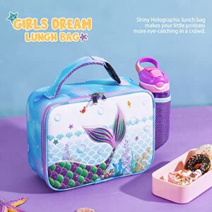 WAWSAM Glitter Mermaid Lunch Box - 3D Insulated Girls Lunch Box for Kids Lunch Bag Back to School Picnic Preschool Kindergarten Blue Lunchbox Waterproof Reusable Thermal Lunch Tote Box