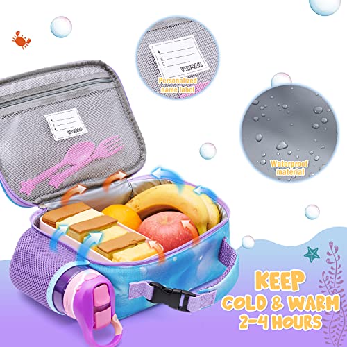 WAWSAM Glitter Mermaid Lunch Box - 3D Insulated Girls Lunch Box for Kids Lunch Bag Back to School Picnic Preschool Kindergarten Blue Lunchbox Waterproof Reusable Thermal Lunch Tote Box