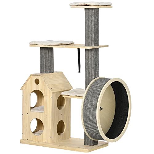 PawHut 53" Modern Cat Tree with Scratching Posts & Wheel, with Double-Layer Cushioned House, Small Cat Tower for Indoor Cat Furniture, Climbing Wooden Cat Tree