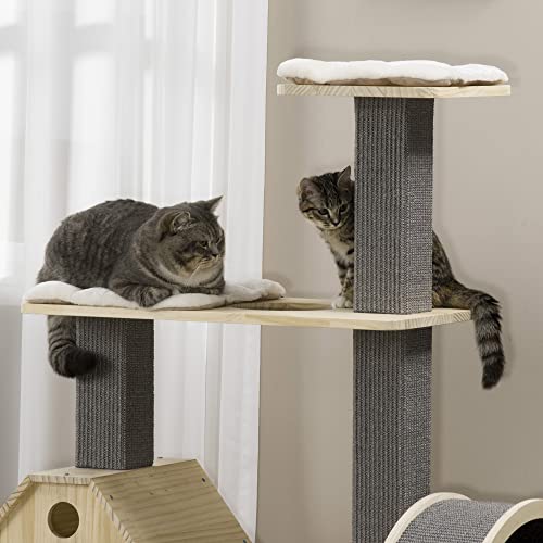 PawHut 53" Modern Cat Tree with Scratching Posts & Wheel, with Double-Layer Cushioned House, Small Cat Tower for Indoor Cat Furniture, Climbing Wooden Cat Tree