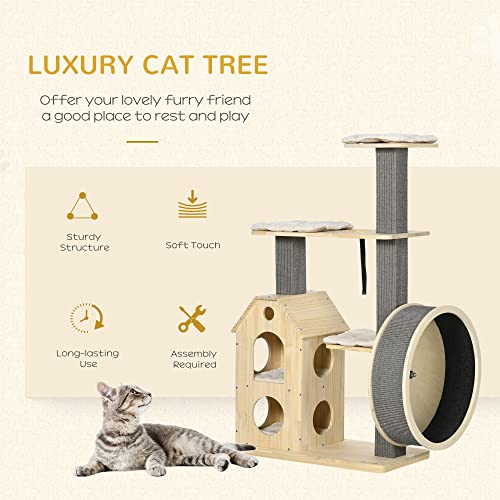 PawHut 53" Modern Cat Tree with Scratching Posts & Wheel, with Double-Layer Cushioned House, Small Cat Tower for Indoor Cat Furniture, Climbing Wooden Cat Tree