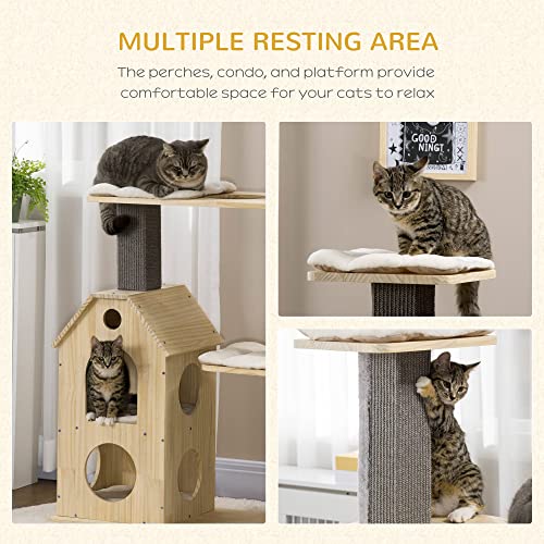 PawHut 53" Modern Cat Tree with Scratching Posts & Wheel, with Double-Layer Cushioned House, Small Cat Tower for Indoor Cat Furniture, Climbing Wooden Cat Tree