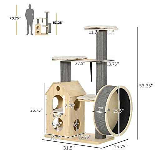 PawHut 53" Modern Cat Tree with Scratching Posts & Wheel, with Double-Layer Cushioned House, Small Cat Tower for Indoor Cat Furniture, Climbing Wooden Cat Tree