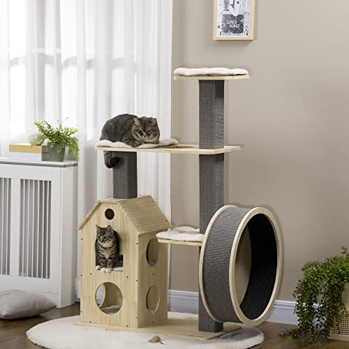 PawHut 53" Modern Cat Tree with Scratching Posts & Wheel, with Double-Layer Cushioned House, Small Cat Tower for Indoor Cat Furniture, Climbing Wooden Cat Tree