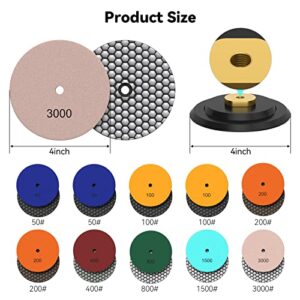 TOOVEM 4 Inch Dry Diamond polishing Pads Set of 10 Pieces with Rubber Backer, Wet/Dry Polish Pad Kit for Granite Marble Concrete Stone Countertop Quartz Polishing