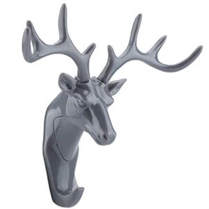 3D Deer Head Wall Hook Hanger Keys Coat Hat Rack Holder Self-Sticking Wall Mount for Home Room Decor(Gray)