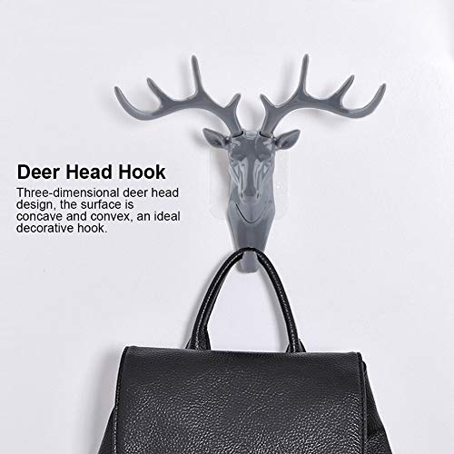 3D Deer Head Wall Hook Hanger Keys Coat Hat Rack Holder Self-Sticking Wall Mount for Home Room Decor(Gray)