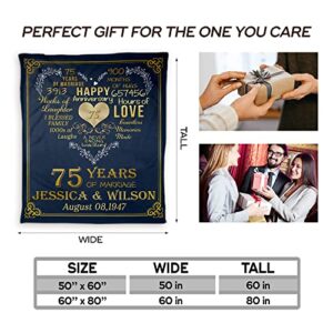 Custom 75th Wedding Anniversary Blanket Gifts for Parents Grandparents, 75th Diamond Wedding Anniversary Throw Blankets for Husband Wife, Personalized 75th Anniversary Blanket Gifts