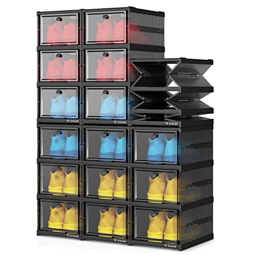 Zarler 18 Compartments Collapsible Drop Front Shoe Storage Boxes, Instant Assembly Shoe Organizer for Closet Clear Hard Plastic Stackable, Men Size 12 Sneaker Display Shoes Containers, Black