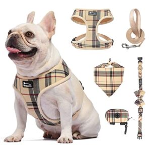 mina&co dog harness for small dogs no pull - adjustable mesh puppy harness and leash set, harness medium size dog, puppy collar and leash set with bandana & poop bag, dog vest harness (beige, xsmall)