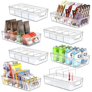 8 pack food storage organizer bins, clear pantry organization and storage bins with removable dividers, plastic pantry organizer refrigerator organizer bins for kitchen, cabinet, snacks, teabags