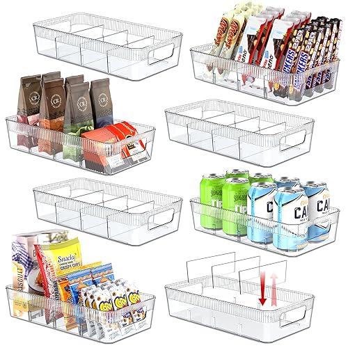 8 Pack Food Storage Organizer Bins, Clear Pantry Organization and Storage Bins with Removable Dividers, Plastic Pantry Organizer Refrigerator Organizer Bins for Kitchen, Cabinet, Snacks, Teabags