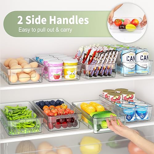 8 Pack Food Storage Organizer Bins, Clear Pantry Organization and Storage Bins with Removable Dividers, Plastic Pantry Organizer Refrigerator Organizer Bins for Kitchen, Cabinet, Snacks, Teabags