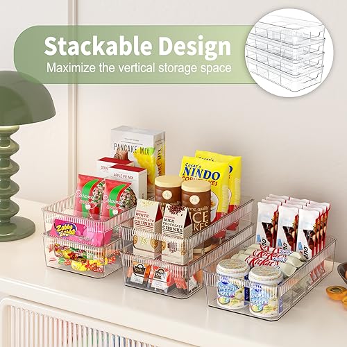 8 Pack Food Storage Organizer Bins, Clear Pantry Organization and Storage Bins with Removable Dividers, Plastic Pantry Organizer Refrigerator Organizer Bins for Kitchen, Cabinet, Snacks, Teabags