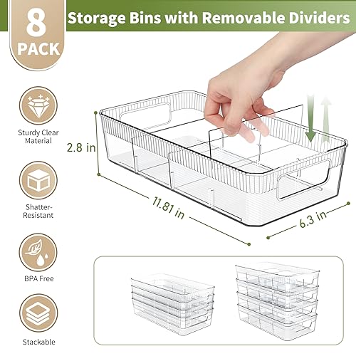 8 Pack Food Storage Organizer Bins, Clear Pantry Organization and Storage Bins with Removable Dividers, Plastic Pantry Organizer Refrigerator Organizer Bins for Kitchen, Cabinet, Snacks, Teabags