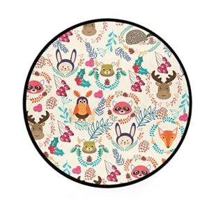 cute cartoon forest animals and plants round area rug, non slip indoor throw area rug, washable circle carpet floor mat for living room,door mat entryway,bedroom,sofa,3 ft