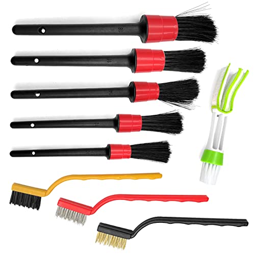 9 PCS Car Detailing Brush Set, Multifunction Car Wheels, Exterior, Interior Detail Cleaning Brush Set, Universal Car - 5pcs Detail Brush 3pcs Wire Brush 3pcs Auto Air Conditioner Brush