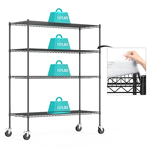 Raynesys Wire Shelving with Wheels, 2000Lbs Heavy Duty NSF-Certified Metal Storage Shelf, Commercial-Grade Adjustable Utility Rack with Shelf Liners Set of 4, 4-Tier 60x24x72 in, Matte Black