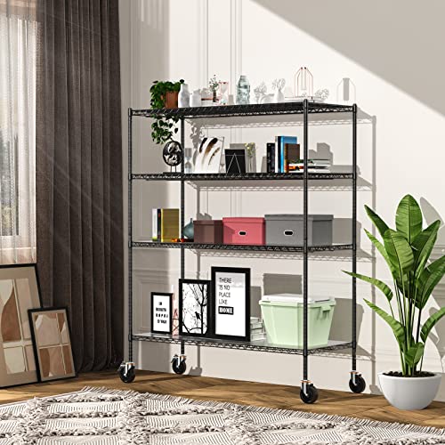 Raynesys Wire Shelving with Wheels, 2000Lbs Heavy Duty NSF-Certified Metal Storage Shelf, Commercial-Grade Adjustable Utility Rack with Shelf Liners Set of 4, 4-Tier 60x24x72 in, Matte Black