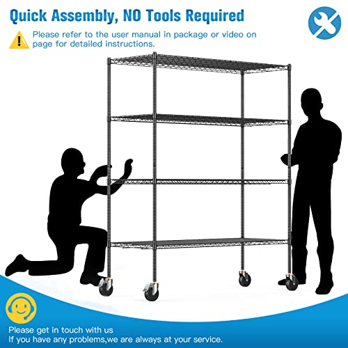 Raynesys Wire Shelving with Wheels, 2000Lbs Heavy Duty NSF-Certified Metal Storage Shelf, Commercial-Grade Adjustable Utility Rack with Shelf Liners Set of 4, 4-Tier 60x24x72 in, Matte Black