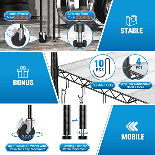 Raynesys Wire Shelving with Wheels, 2000Lbs Heavy Duty NSF-Certified Metal Storage Shelf, Commercial-Grade Adjustable Utility Rack with Shelf Liners Set of 4, 4-Tier 60x24x72 in, Matte Black