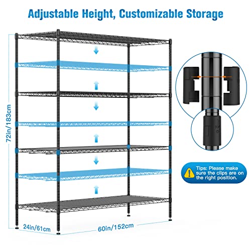 Raynesys Wire Shelving with Wheels, 2000Lbs Heavy Duty NSF-Certified Metal Storage Shelf, Commercial-Grade Adjustable Utility Rack with Shelf Liners Set of 4, 4-Tier 60x24x72 in, Matte Black