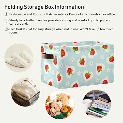 xigua Strawberry Pattern Storage Bins Foldable Fabric Storage Basket with Leather Handles for Organizing Closet, Shelves, Nursery Toy, Laundry Room (1 Pcs, 14.2" x 10.2" x 8.3")