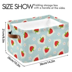 xigua Strawberry Pattern Storage Bins Foldable Fabric Storage Basket with Leather Handles for Organizing Closet, Shelves, Nursery Toy, Laundry Room (1 Pcs, 14.2" x 10.2" x 8.3")