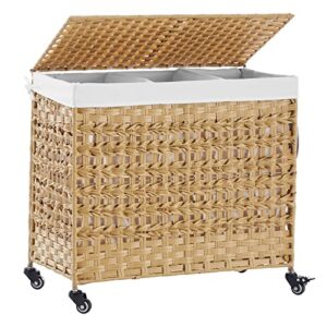 fiona's magic 140l large laundry basket with wheels, laundry hamper with lid and removable bags, dirty clothes hamper 3 section for bedroom, handwoven rattan wicker, brown