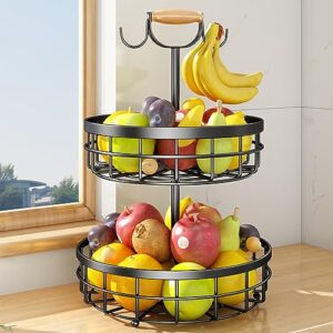2-tier fruit basket bowl vegetable storage with dual banana tree hanger and wood lift handle, kitchen countertop metal wire basket for bread onions potatoes (black, 2 tier)