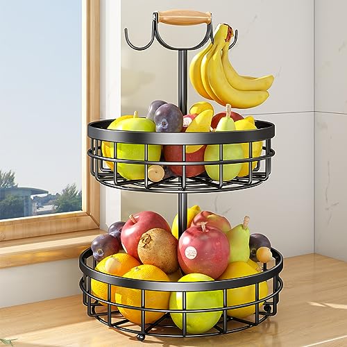 2-Tier Fruit Basket Bowl Vegetable Storage with Dual Banana Tree Hanger and Wood Lift Handle, Kitchen Countertop Metal Wire Basket for Bread Onions Potatoes (Black, 2 Tier)