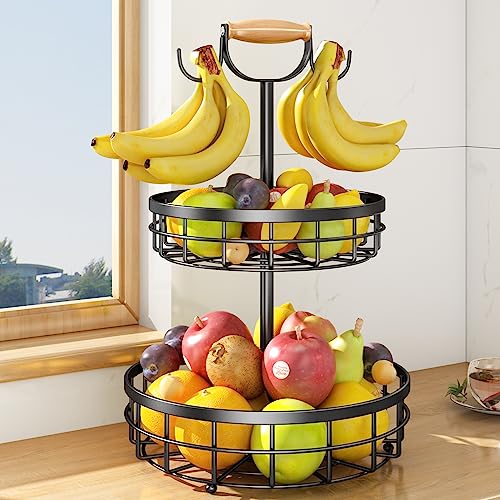 2-Tier Fruit Basket Bowl Vegetable Storage with Dual Banana Tree Hanger and Wood Lift Handle, Kitchen Countertop Metal Wire Basket for Bread Onions Potatoes (Black, 2 Tier)