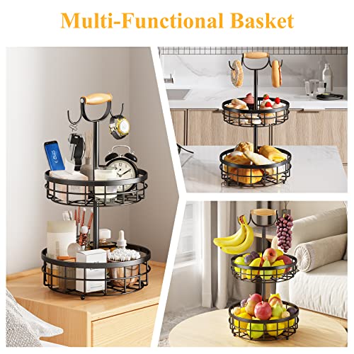 2-Tier Fruit Basket Bowl Vegetable Storage with Dual Banana Tree Hanger and Wood Lift Handle, Kitchen Countertop Metal Wire Basket for Bread Onions Potatoes (Black, 2 Tier)