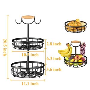 2-Tier Fruit Basket Bowl Vegetable Storage with Dual Banana Tree Hanger and Wood Lift Handle, Kitchen Countertop Metal Wire Basket for Bread Onions Potatoes (Black, 2 Tier)