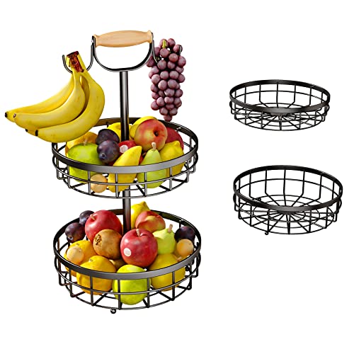 2-Tier Fruit Basket Bowl Vegetable Storage with Dual Banana Tree Hanger and Wood Lift Handle, Kitchen Countertop Metal Wire Basket for Bread Onions Potatoes (Black, 2 Tier)