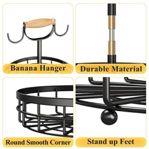 2-Tier Fruit Basket Bowl Vegetable Storage with Dual Banana Tree Hanger and Wood Lift Handle, Kitchen Countertop Metal Wire Basket for Bread Onions Potatoes (Black, 2 Tier)