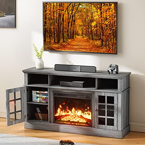 Furnimics Fireplace TV Stand for TVs up to 65 Inch, Entertainment Center with Adjustable Shelves Living Room, & Modern Farmhouse Wood