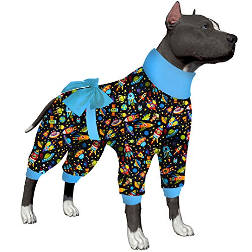 LovinPet Dog Clothes for Large Dogs - Large Dog Pajamas, Post Surgery Recovery Shirt, Stretchy Fabric Dog PJ's, Anti Licking, Easy to Wear Girl or Boy Dog Jammies,Black Blue XL