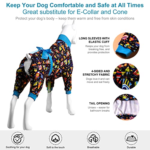 LovinPet Dog Clothes for Large Dogs - Large Dog Pajamas, Post Surgery Recovery Shirt, Stretchy Fabric Dog PJ's, Anti Licking, Easy to Wear Girl or Boy Dog Jammies,Black Blue XL