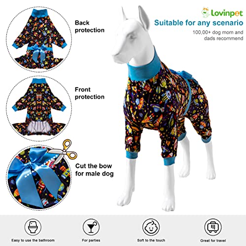 LovinPet Dog Clothes for Large Dogs - Large Dog Pajamas, Post Surgery Recovery Shirt, Stretchy Fabric Dog PJ's, Anti Licking, Easy to Wear Girl or Boy Dog Jammies,Black Blue XL