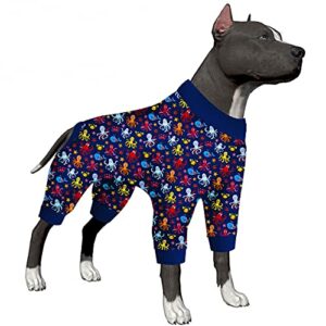 LovinPet Pitbulls Dog Recovery Suit - Anxiety Calming Shirt, Anti Licking Dog Pajamas, Marine Animals Print, Lightweight Large Dog Pjs, Pet PJ's for Parties, Camping, Traveling, Home,Purple Black XL