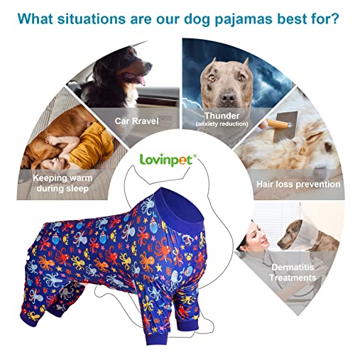 LovinPet Pitbulls Dog Recovery Suit - Anxiety Calming Shirt, Anti Licking Dog Pajamas, Marine Animals Print, Lightweight Large Dog Pjs, Pet PJ's for Parties, Camping, Traveling, Home,Purple Black XL